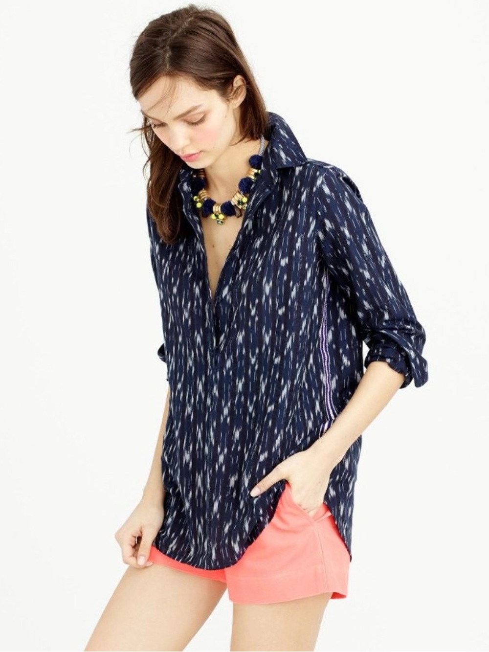 J.Crew Dark Blue Ikat Popover Tunic
 Blouse Metallic Detail 00 💙✨